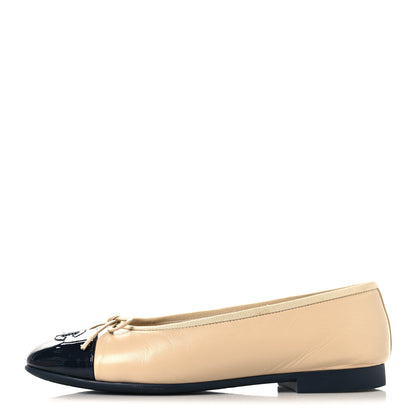 Chanel Goatskin Patent Calfskin Cap Toe CC Ballerina Flats 36 Light Beige Navy Blue 1 of 9