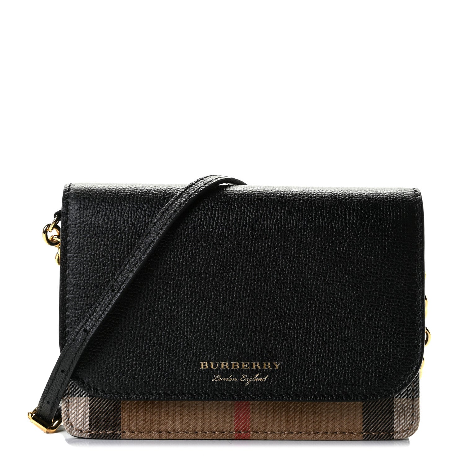 Burberry Derby Calfskin House Check Wallet On Chain Black 1 of 8