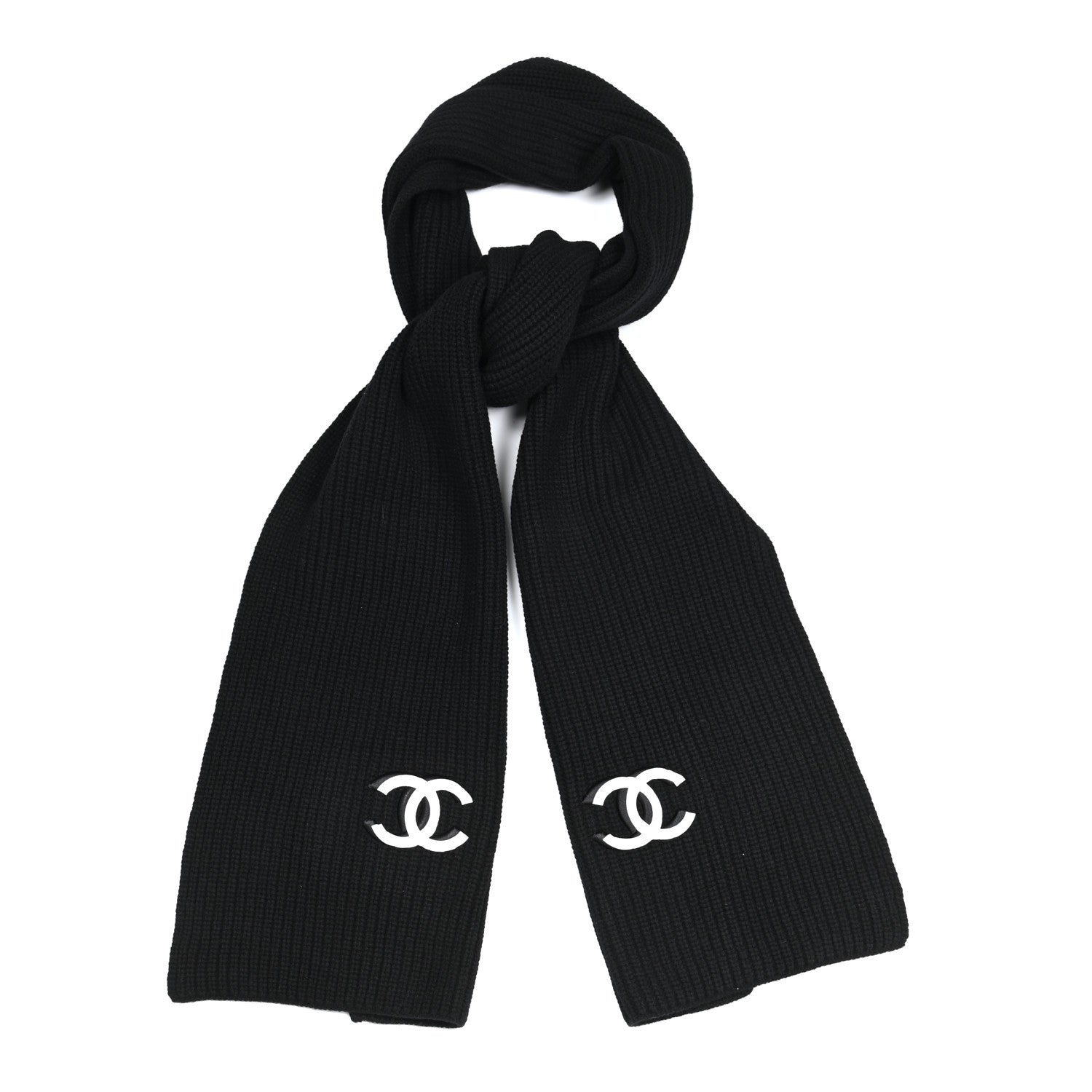 Chanel Wool Cashmere CC Scarf Black White 1 of 5