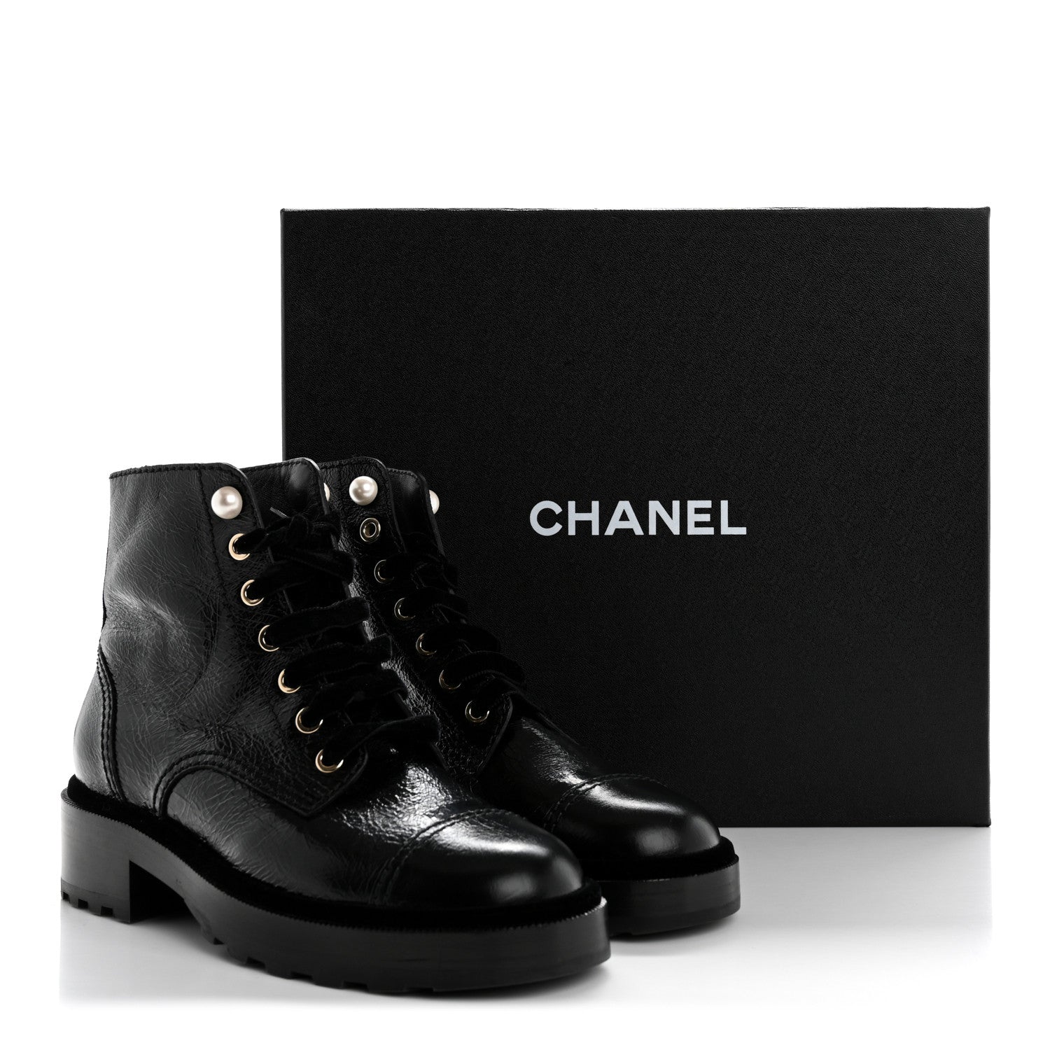 Chanel Shiny Calfskin Velvet Pearl Combat Short Boots 36 Black