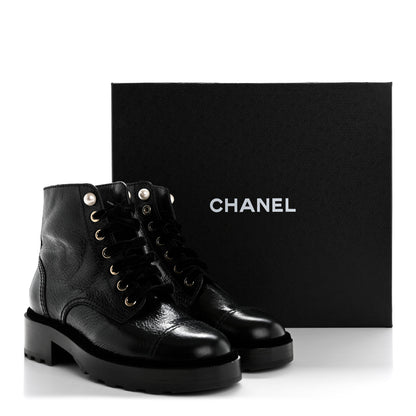 Chanel Shiny Calfskin Velvet Pearl Combat Short Boots 36 Black 10 of 10