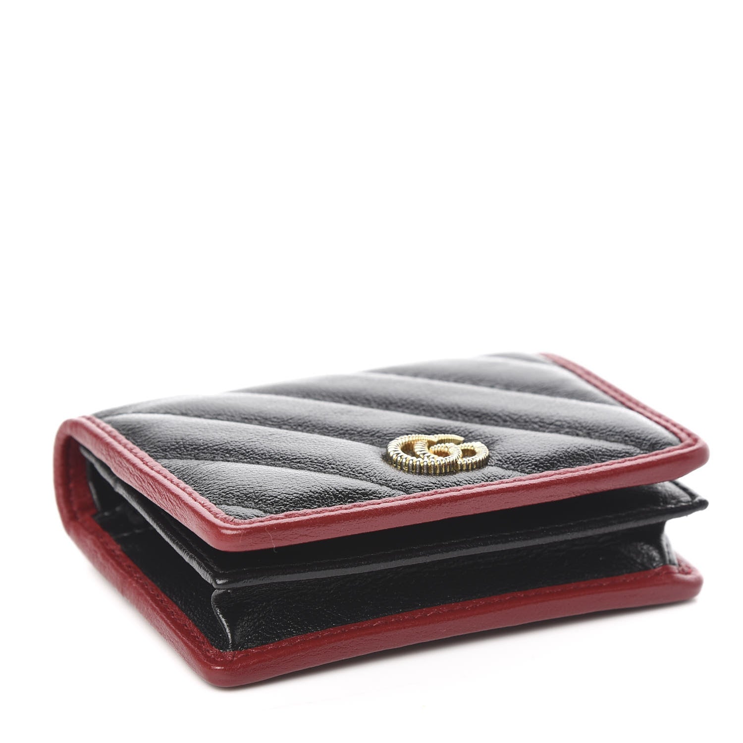 Gucci Vintage Effect Calfskin Matelasse Diagonal Torchon GG Marmont Card Case Wallet Black Romantic Cherry 4 of 8