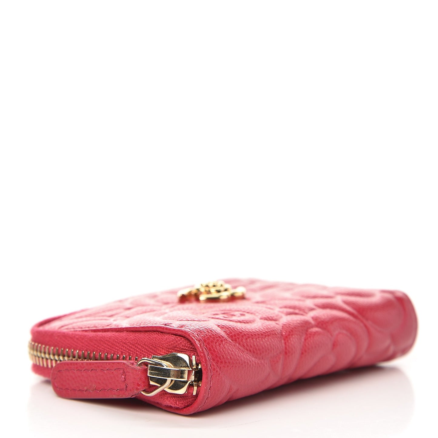 Caviar Camellia Embossed Zip Coin Purse Dark Pink