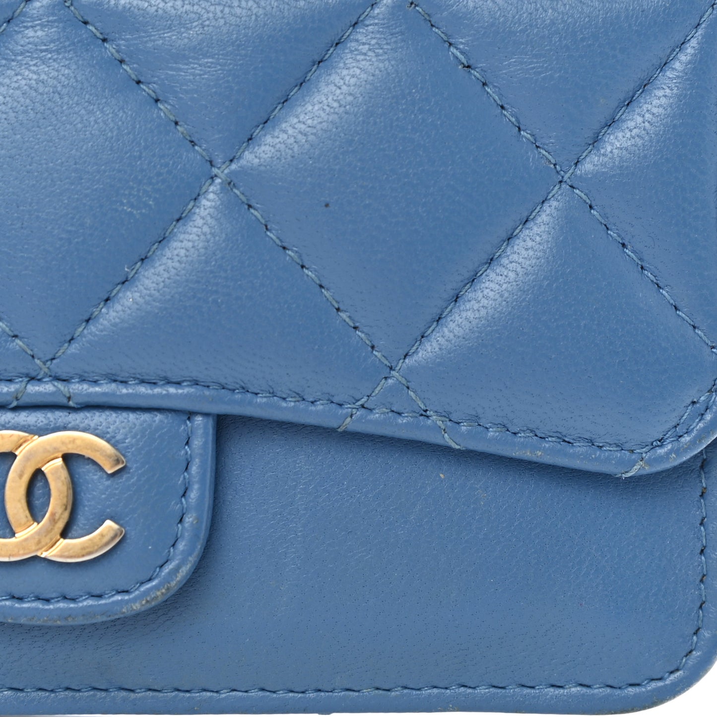 Lambskin Quilted Flap Zip Card Holder Blue