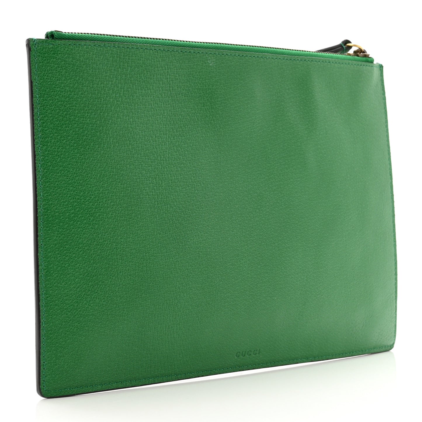 Textured Calfskin Crystal Fiori Floral Embroidered GG Zip Pouch Grass Green