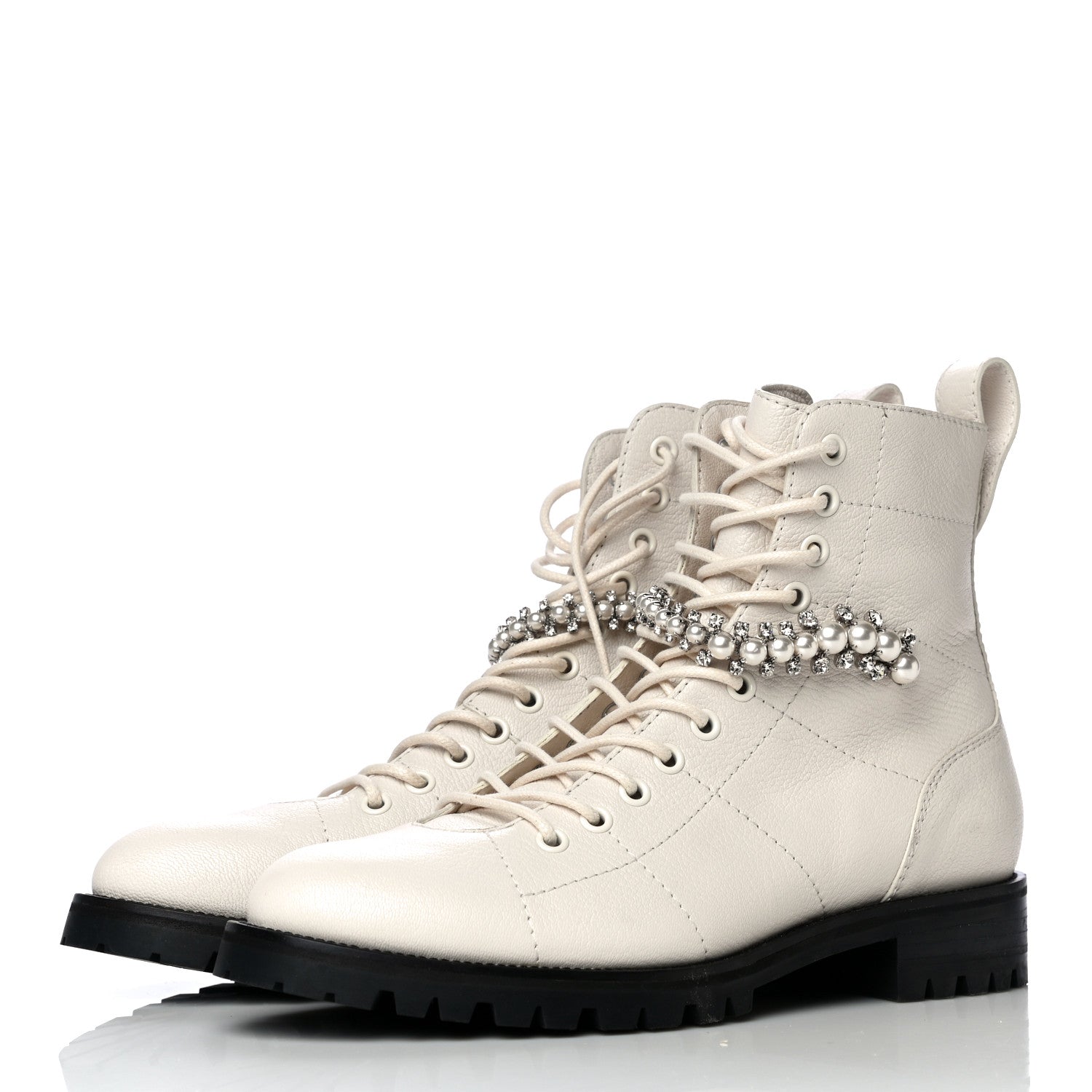 Jimmy Choo Goatskin Pearl Embellished Cruz Combat Boots 38.5 White 3 of 17
