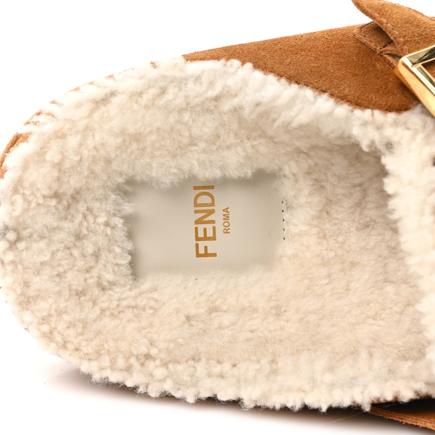 Suede Shearling Fendi Feel Buckled Clogs 39 Caramel Latte