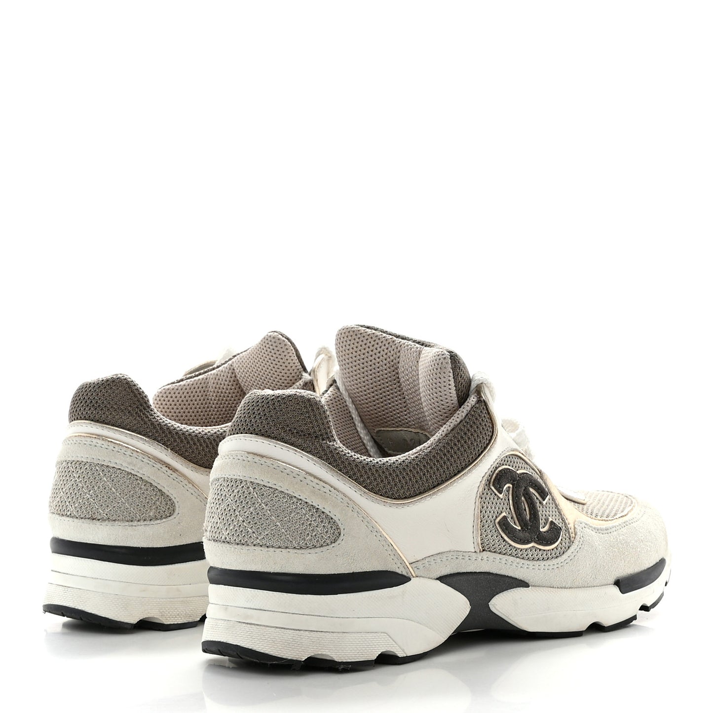 Mesh Suede Calfskin Womens CC Sneakers 36.5 White Black Beige Gold