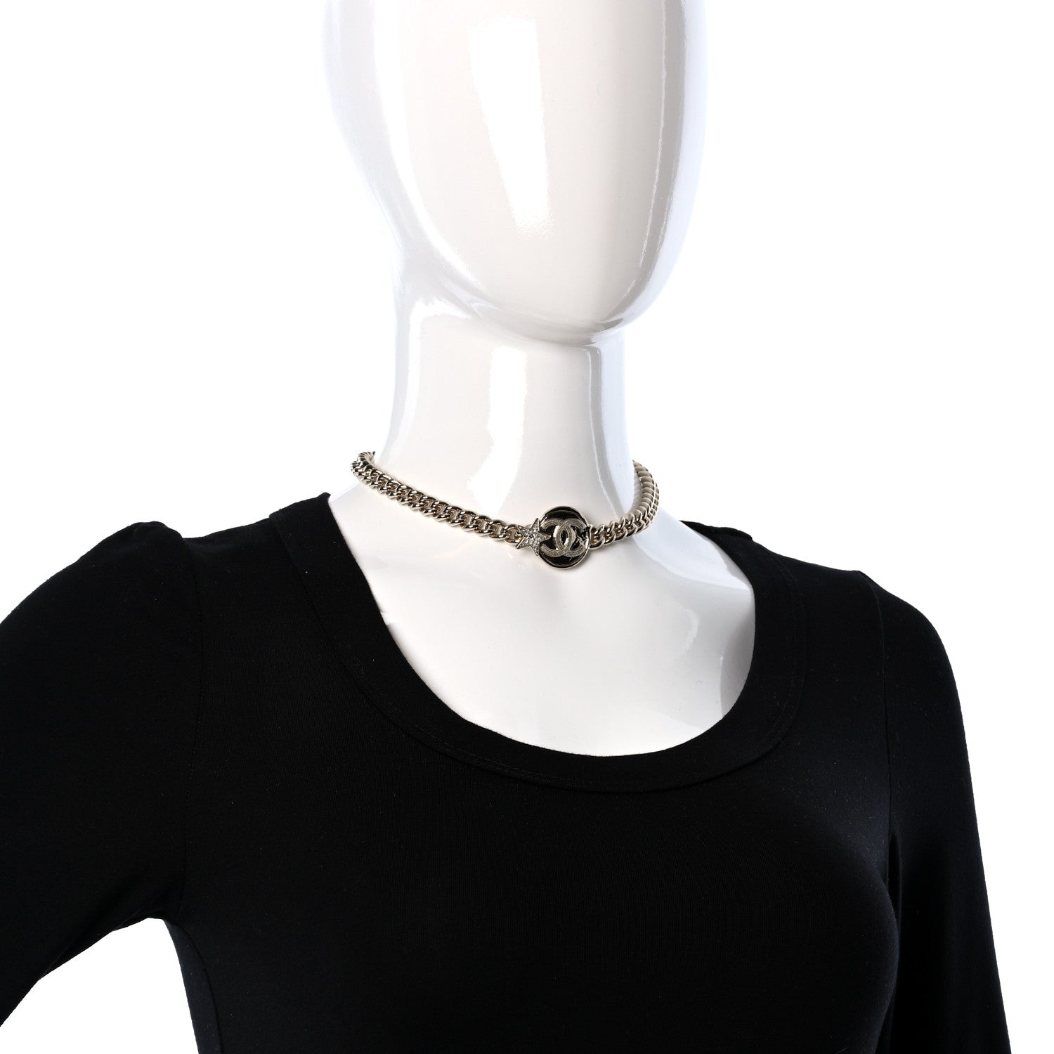 Chanel Metal Crystal Textured CC Star Chain Choker Necklace Gold 2 of 5