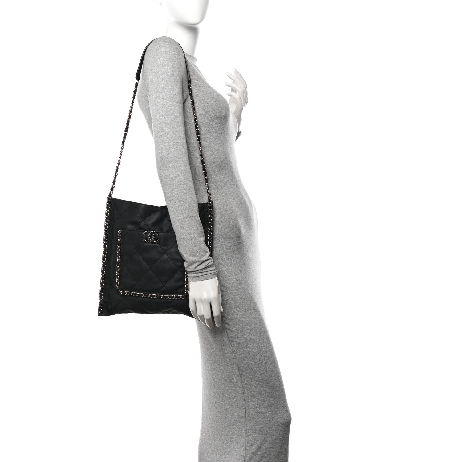 Chanel Calfskin Quilted Chain Flat Tote Black 2 of 11