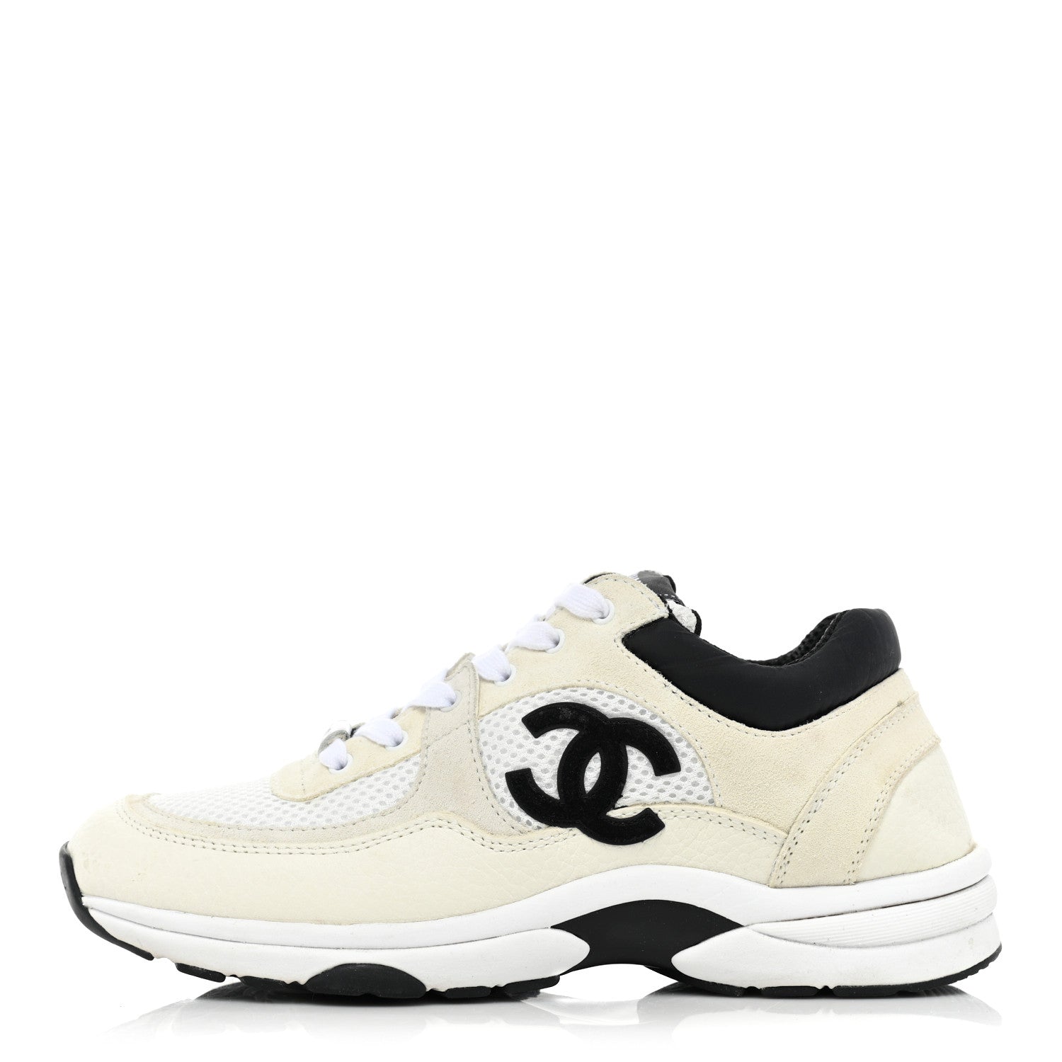 Chanel Mesh Suede Calfskin Grained Calfskin Womens CC Sneakers 37 White Black 1 of 12