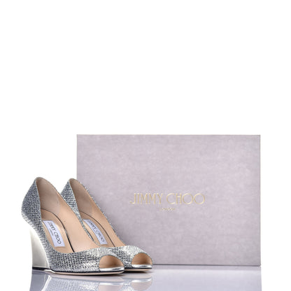 Jimmy Choo Glitter Fabric Baxen Peep Toe Wedges 36.5 Silver 9 of 9