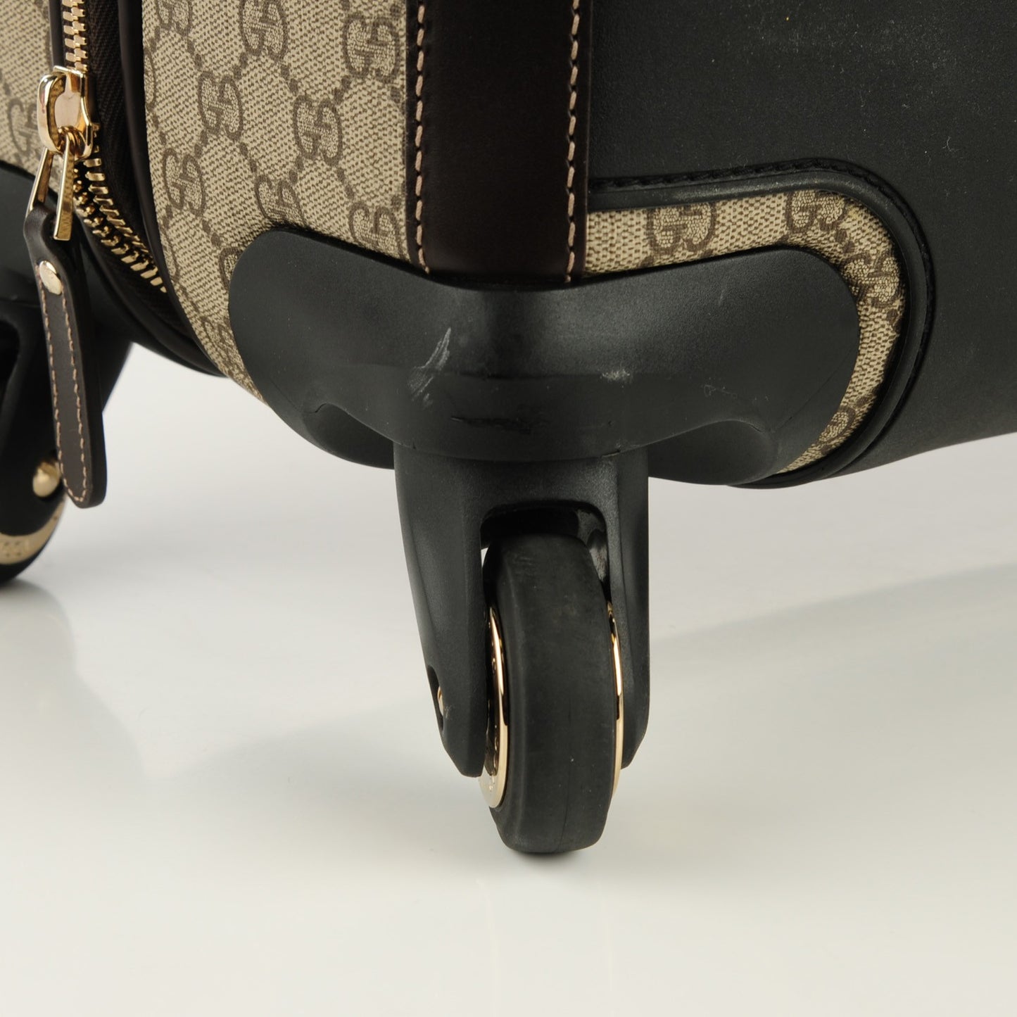 GG Supreme Monogram Selleria Calfskin Four Wheel Carry On Suitcase Beige Ebony Cocoa