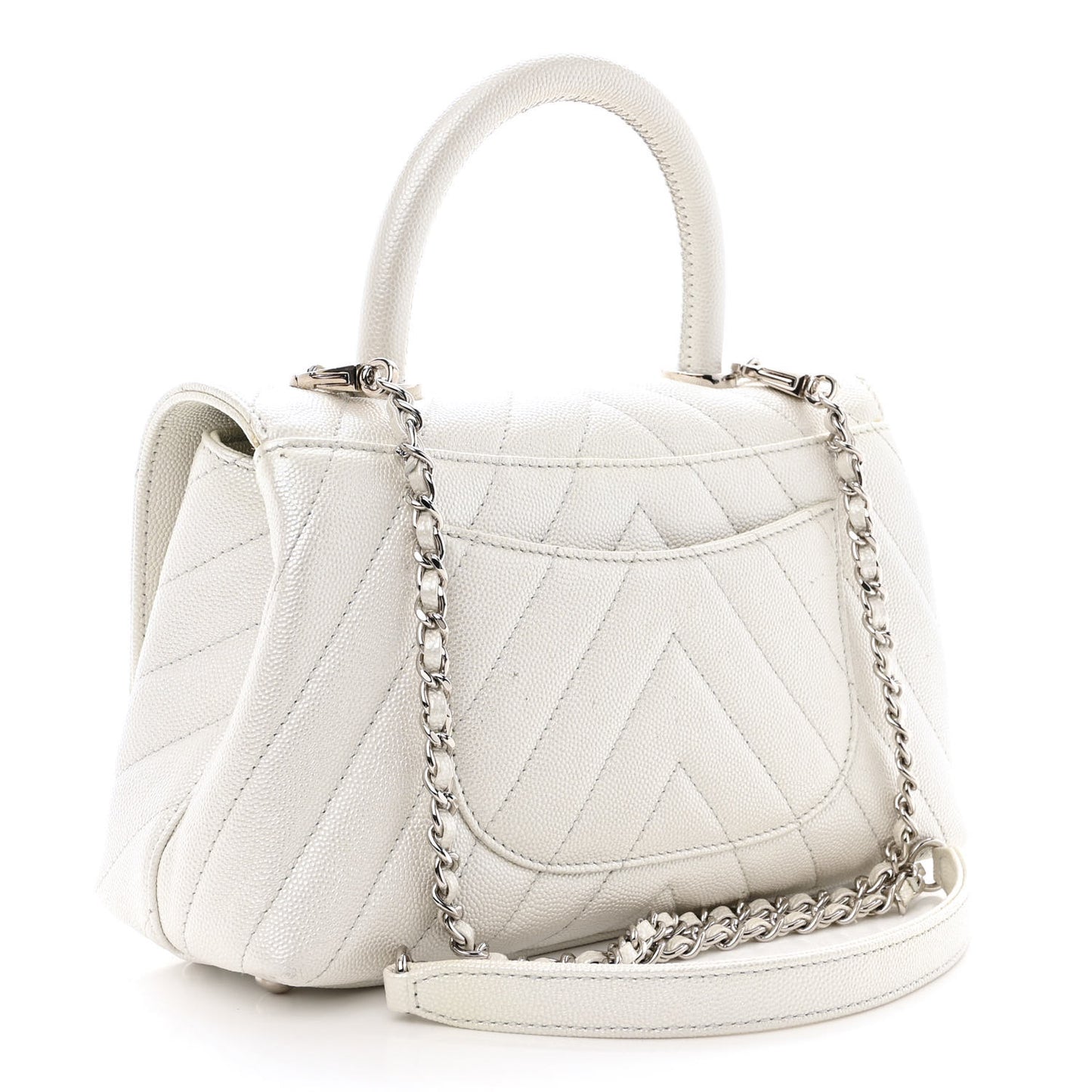 Iridescent Caviar Chevron Quilted Mini Coco Handle Flap White