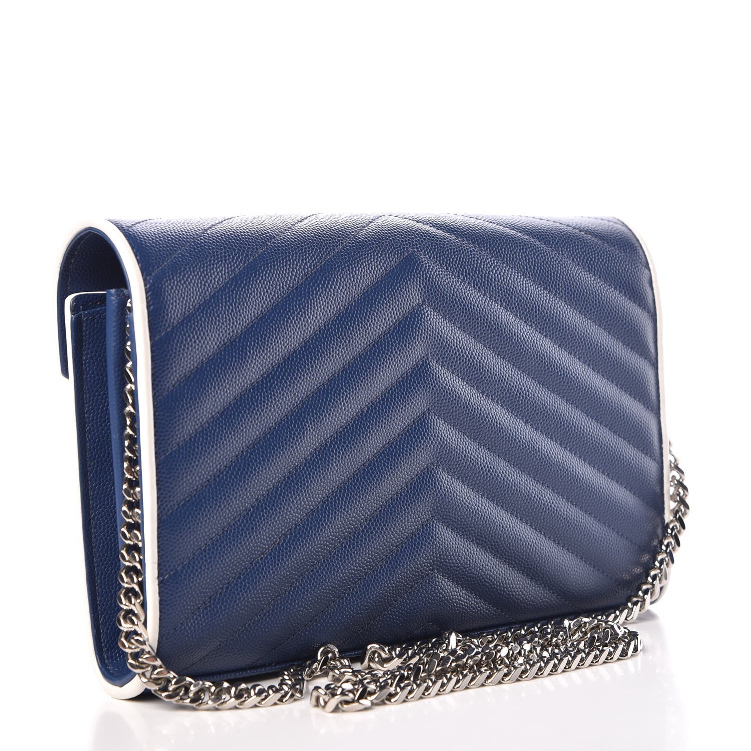 Saint Laurent Grain De Poudre Matelasse Monogram Chain Wallet Denim Bianco Ottico 3 of 10