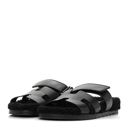 Hermes Calfskin Woolskin Womens Chypre Sandals 40 Black 3 of 11