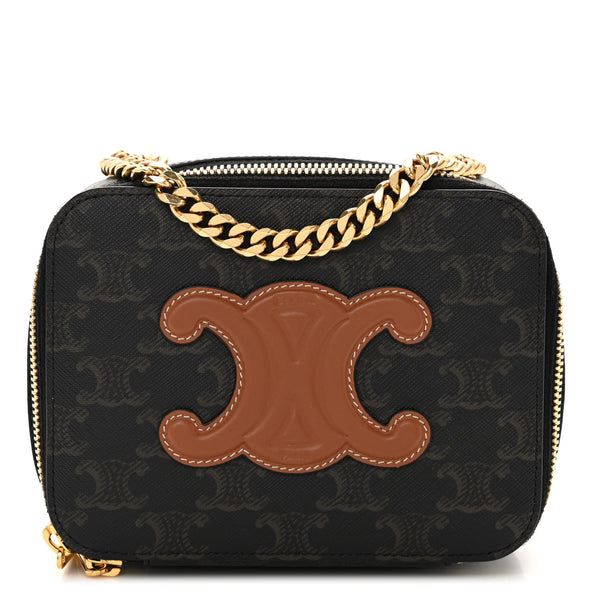 Celine Triomphe Canvas Calfskin Cuir Box On Chain Tan 1428880