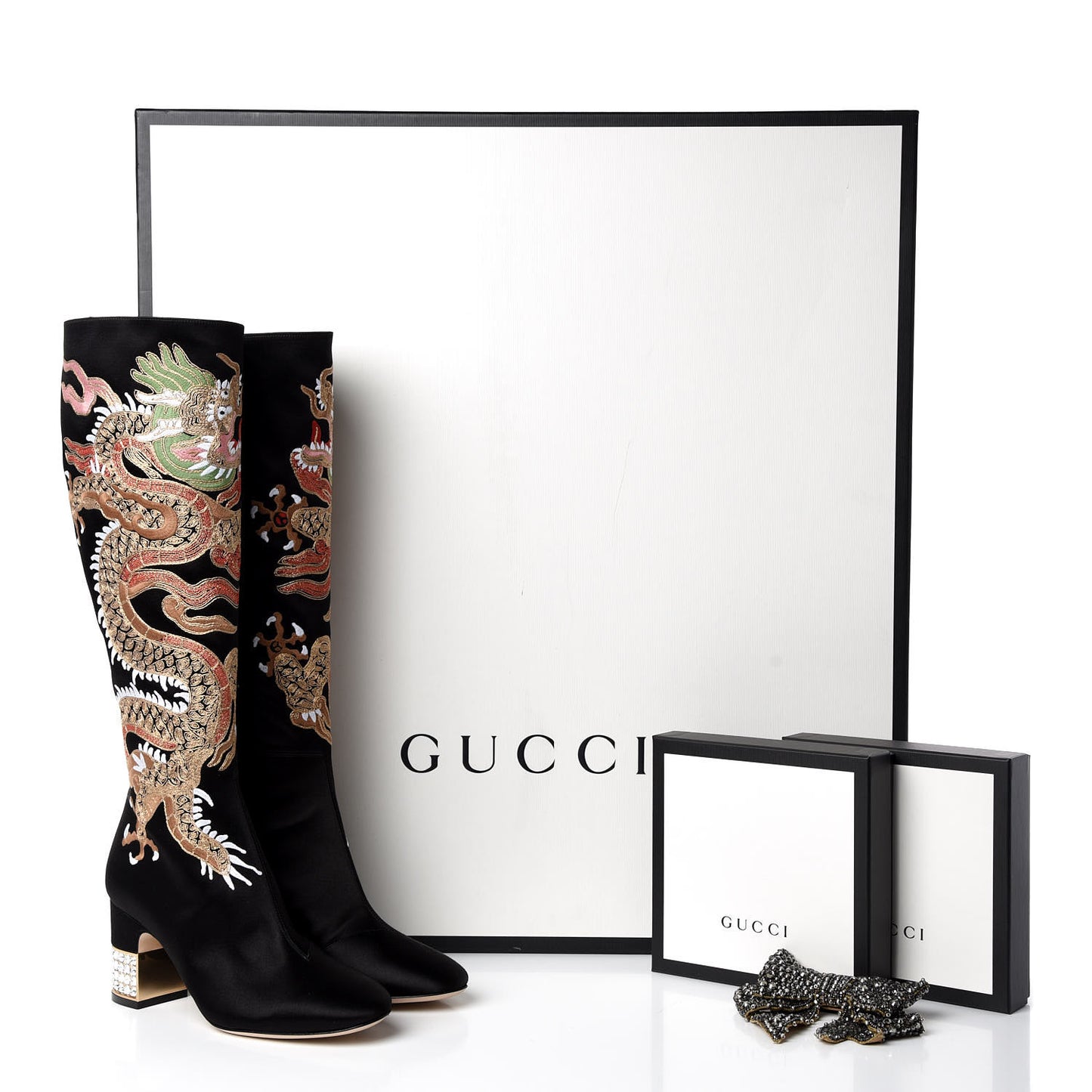 Silk Satin Malaga Kid Embroidered Candy Dragon Block-Heel Knee Boot 35 Black
