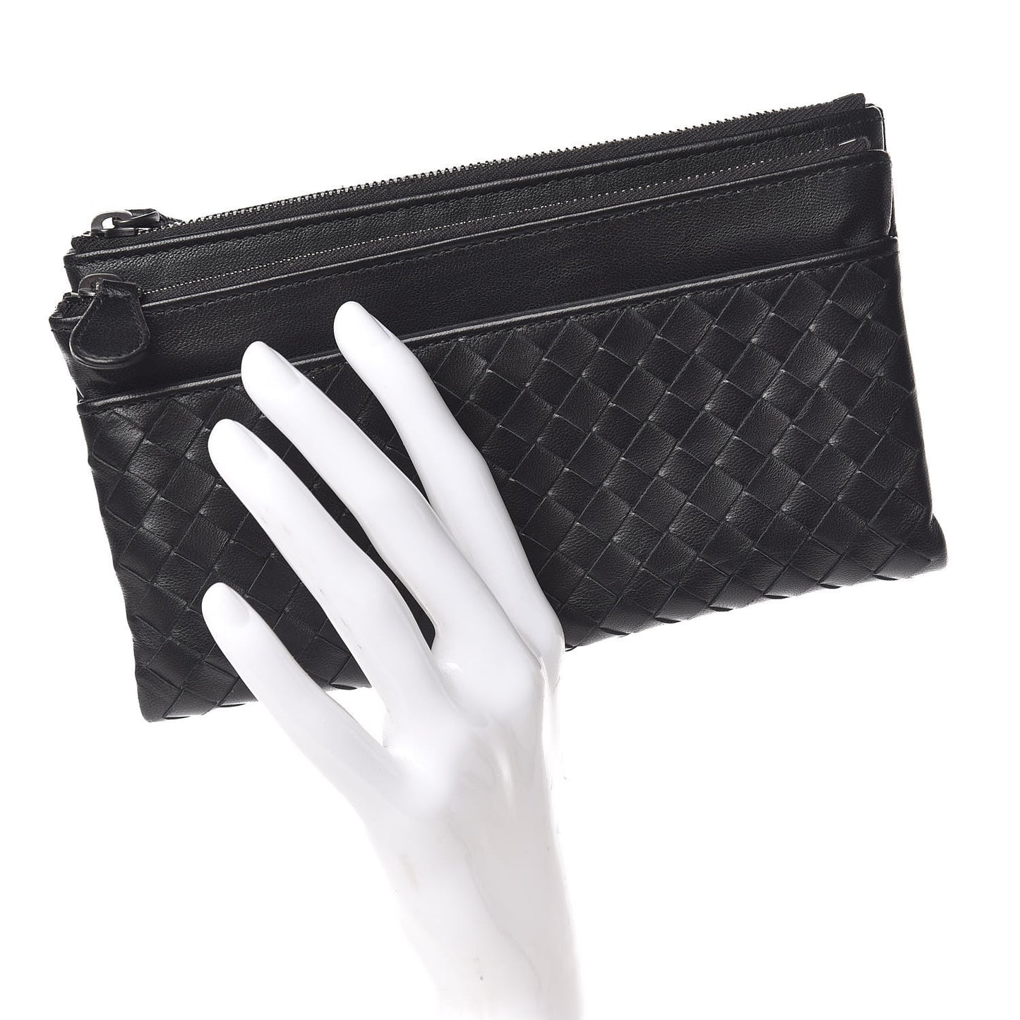 Nappa Intrecciato Double Zip Clutch Wallet Black