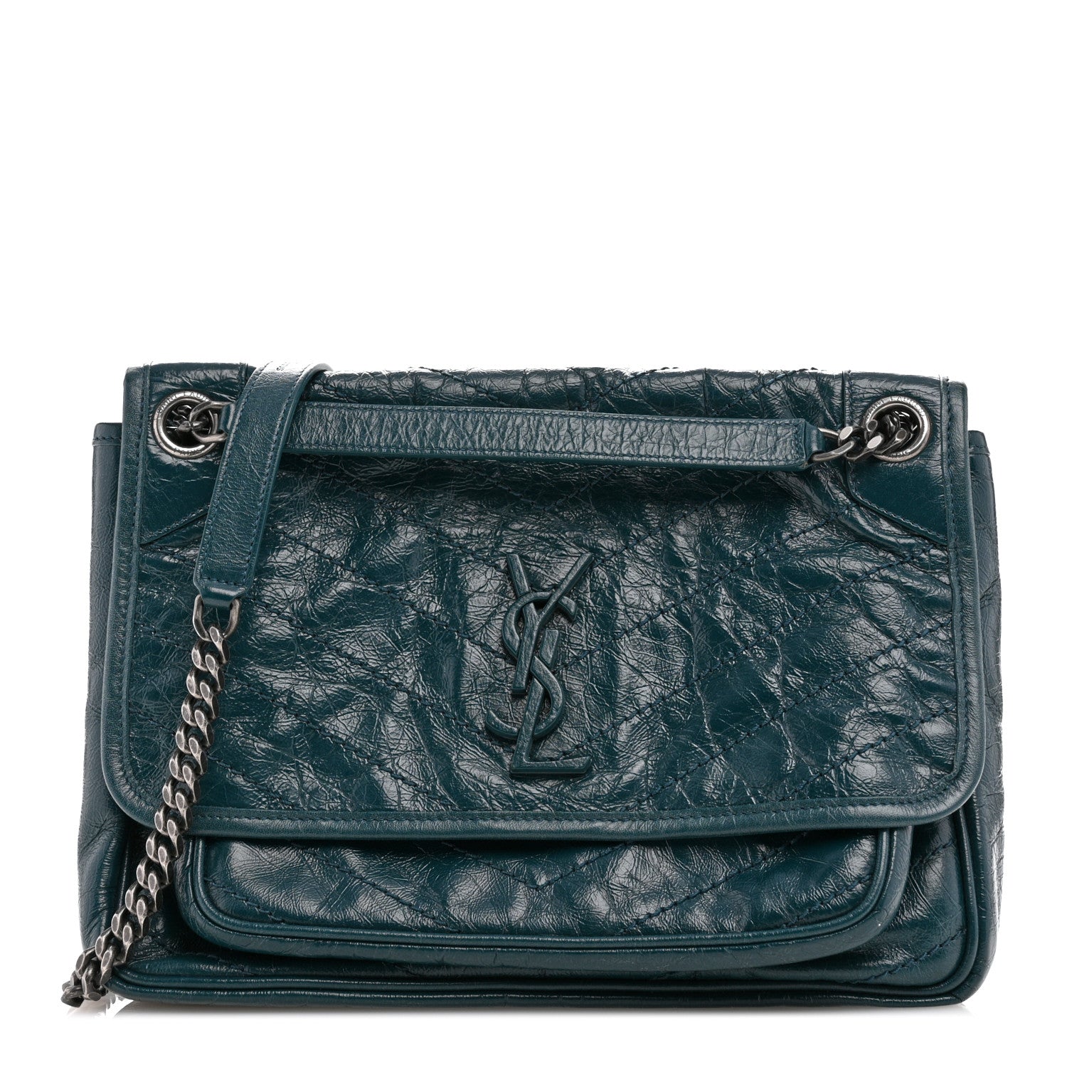 Saint Laurent Crinkled Calfskin Matelasse Monogram Medium Niki Chain Satchel Peacock Green 1 of 12