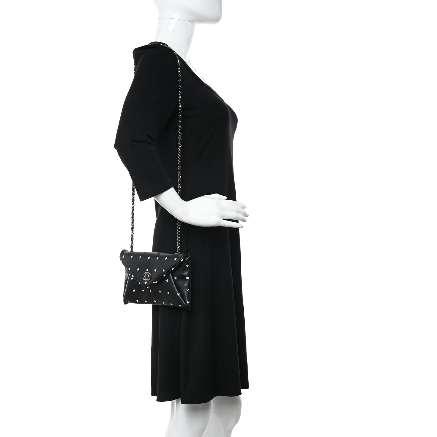 Printed Lambskin Logo CC Envelope Clutch With Chain Black White
