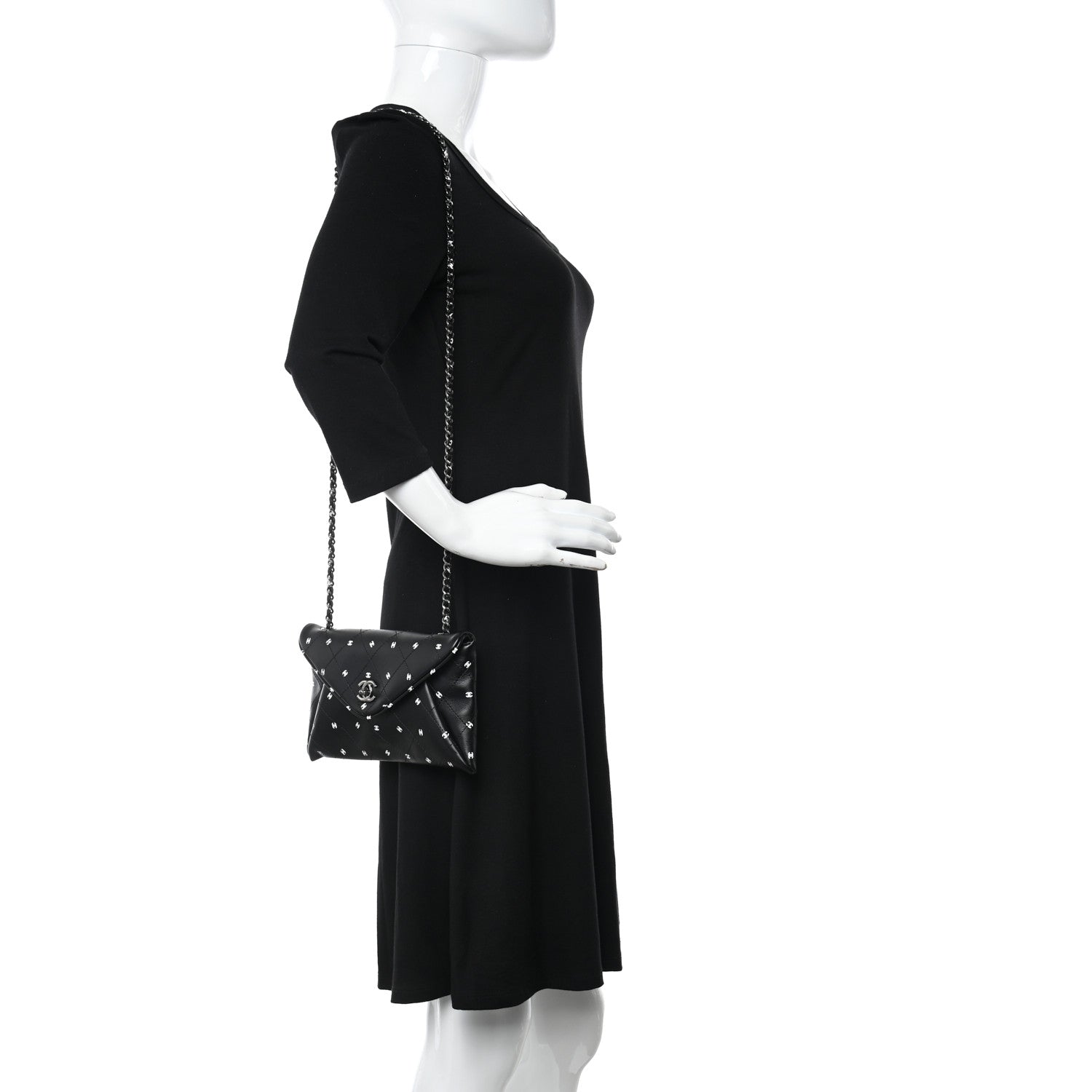 Chanel Printed Lambskin Logo CC Envelope Clutch With Chain Black White 2 of 10