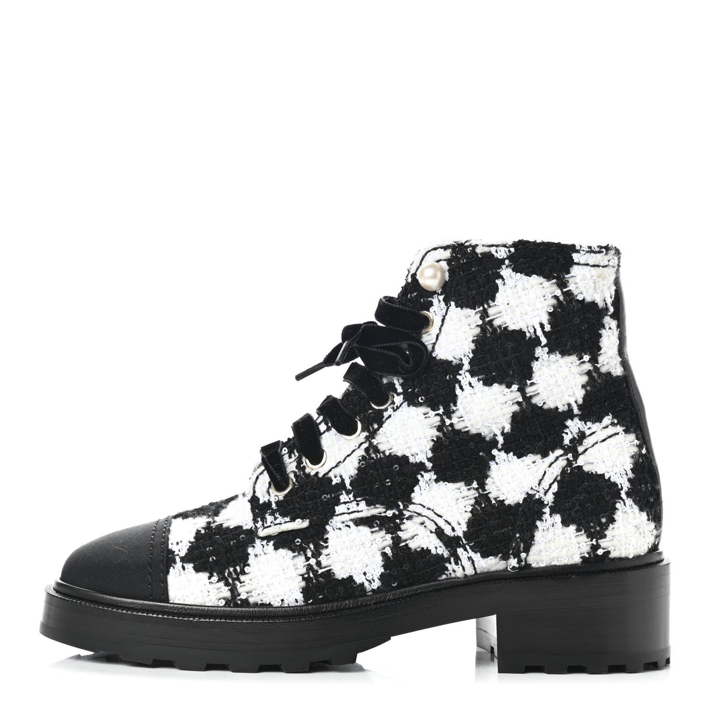 Tweed Grosgrain Pearl Combat Short Boots 37 White Black