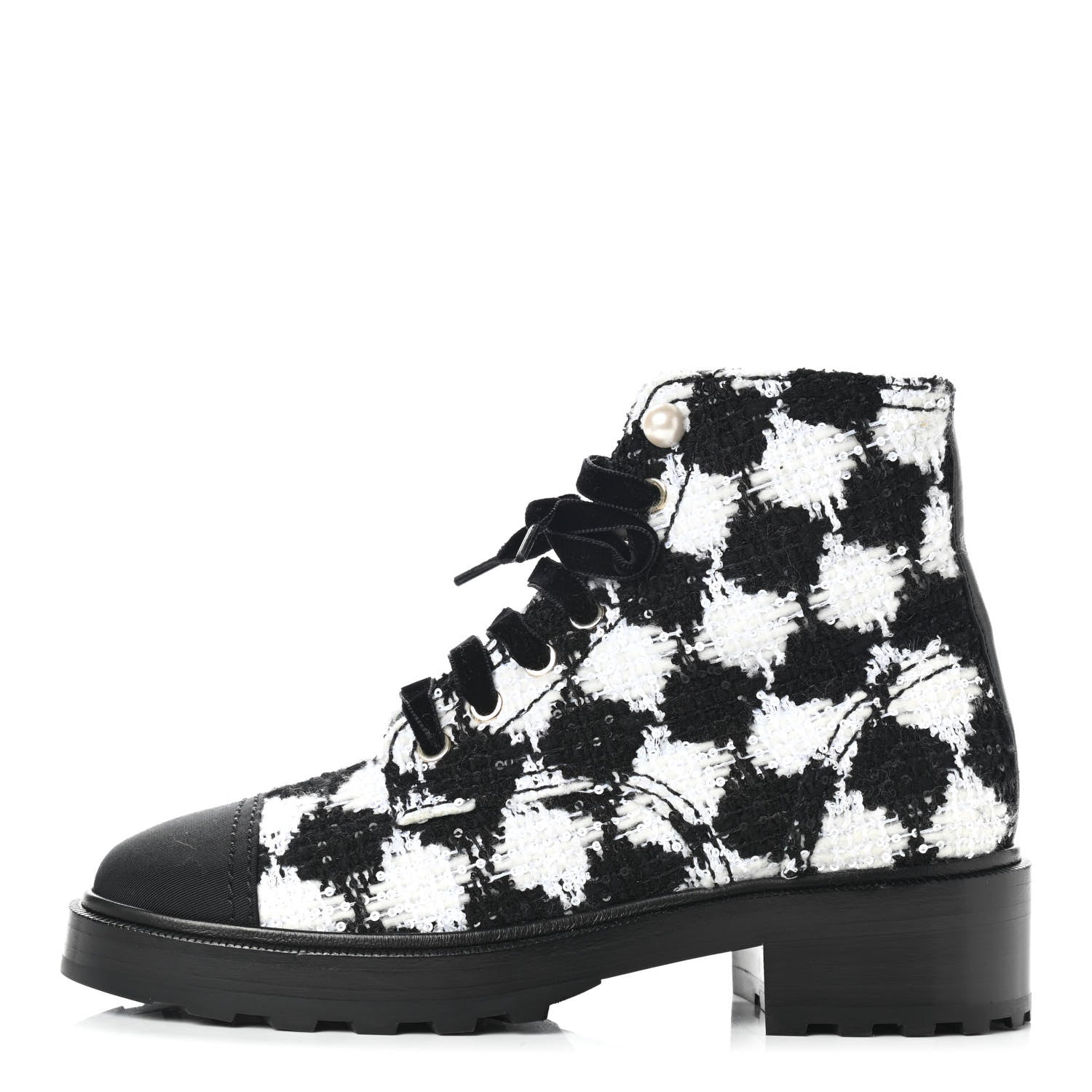 Chanel Tweed Grosgrain Pearl Combat Short Boots 37 White Black 1 of 11