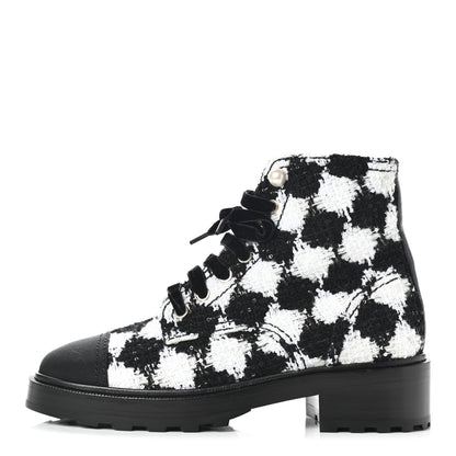 Chanel Tweed Grosgrain Pearl Combat Short Boots 37 White Black 1 of 11