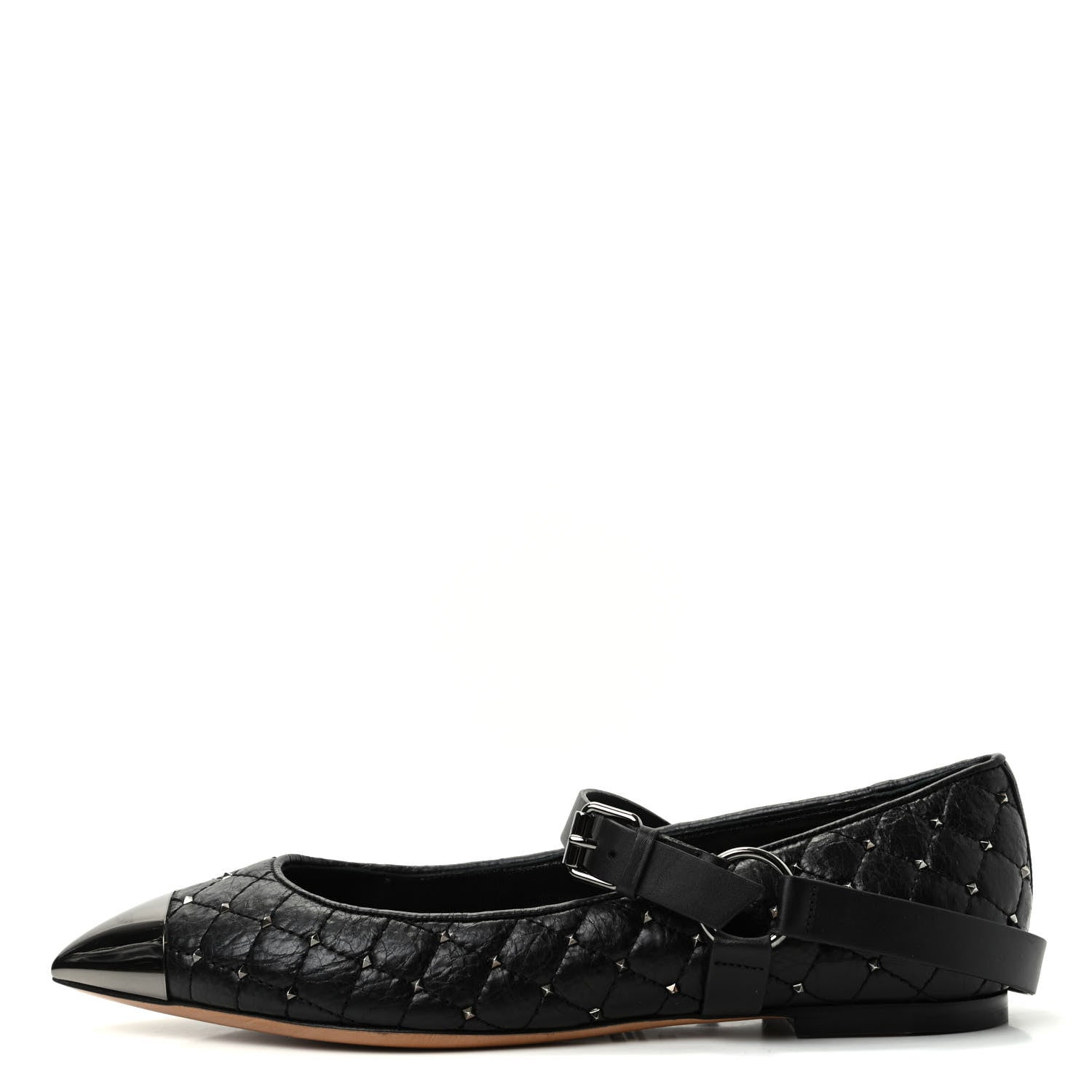 Valentino Garavani Crackled Lambskin Rockstud Spike Captoe Ballerina Flats 37 Black 1 of 10