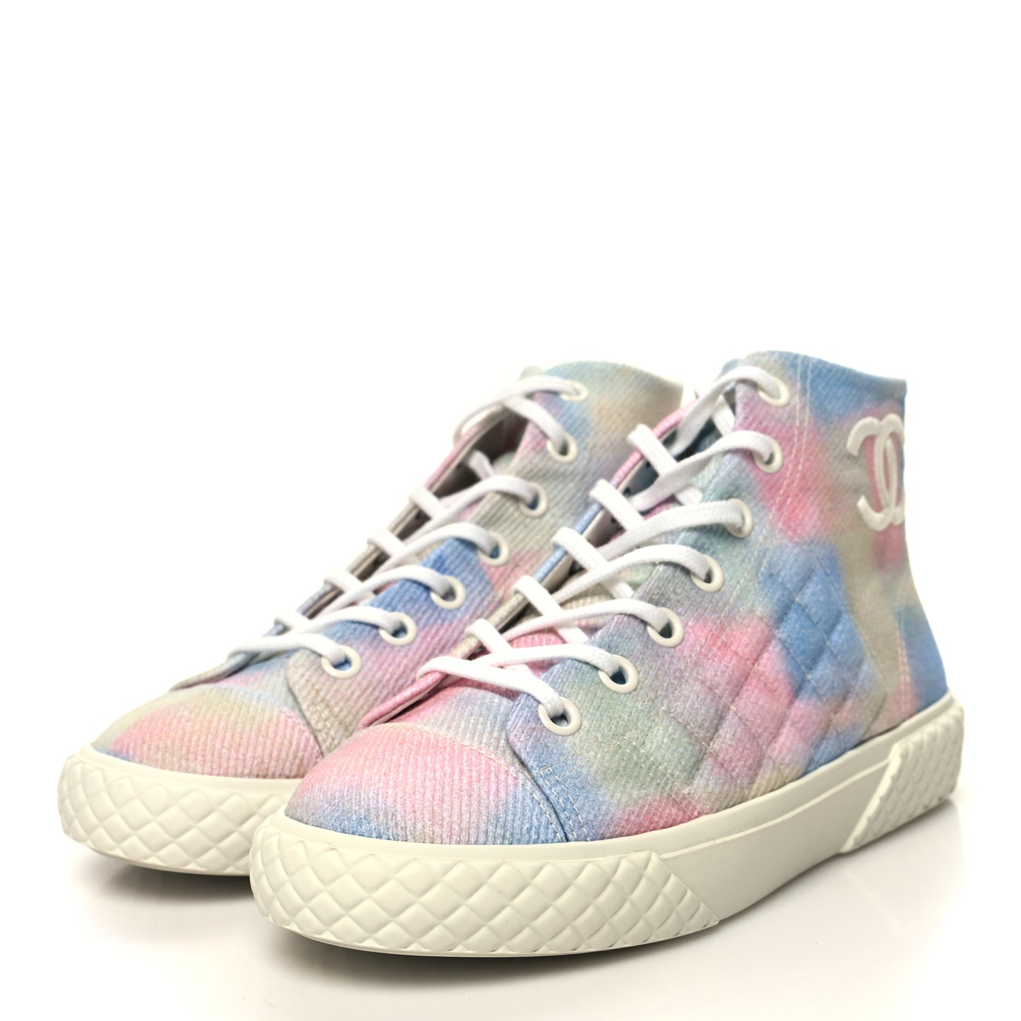 Printed Fabric Quilted High Top Sneakers 39 Green Pink Blue