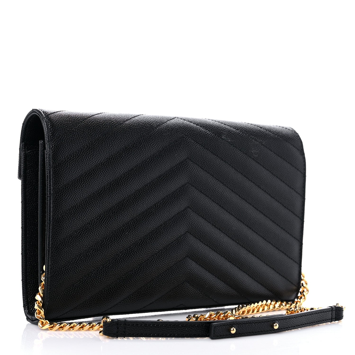 Saint Laurent Grain De Poudre Matelasse Chevron Monogram Chain Wallet Black 3 of 15