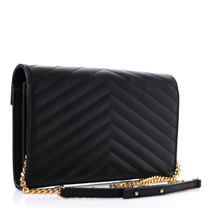 Saint Laurent Grain De Poudre Matelasse Chevron Monogram Chain Wallet Black 3 of 15