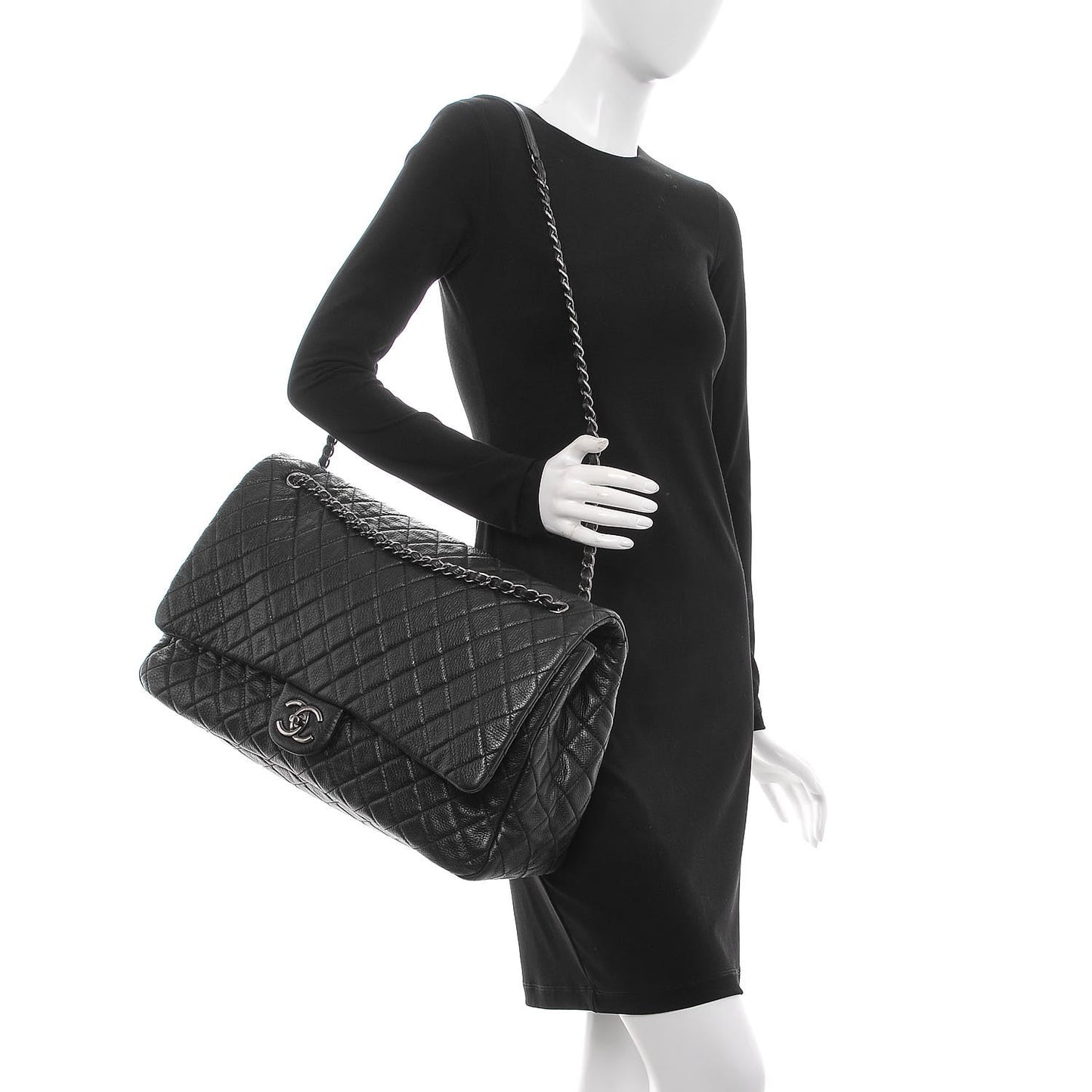 Calfskin Quilted XXL Travel Flap Bag Black
