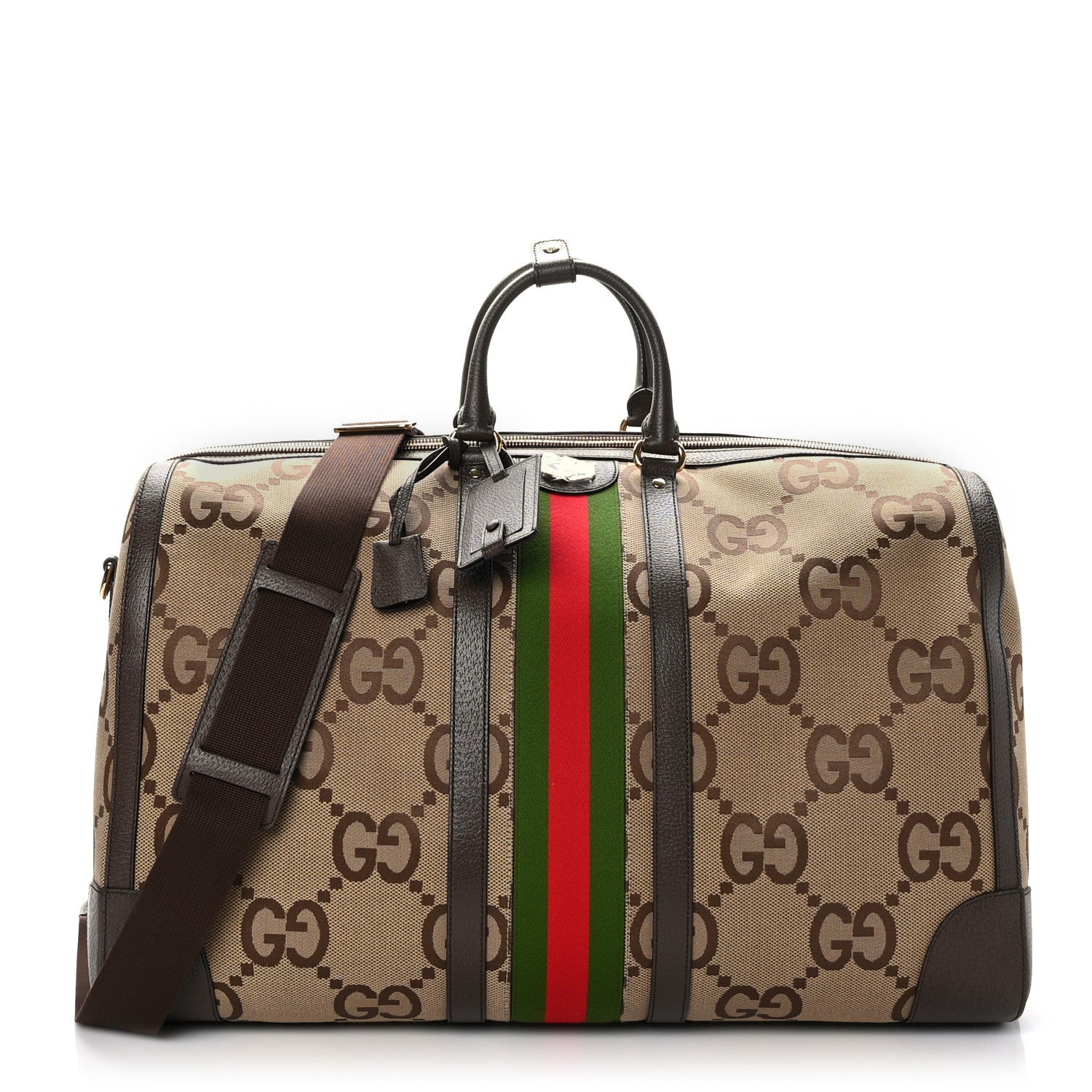 Gucci Monogram Jumbo GG Textured Dollar Calfskin Web Maxi Duffle Bag Camel Ebony 1 of 10