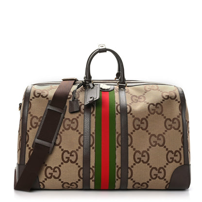 Gucci Monogram Jumbo GG Textured Dollar Calfskin Web Maxi Duffle Bag Camel Ebony 1 of 10