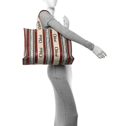 Chloe Woven Linen Large Woody Striped Ribbon Tote Sepia Brown 2 of 14