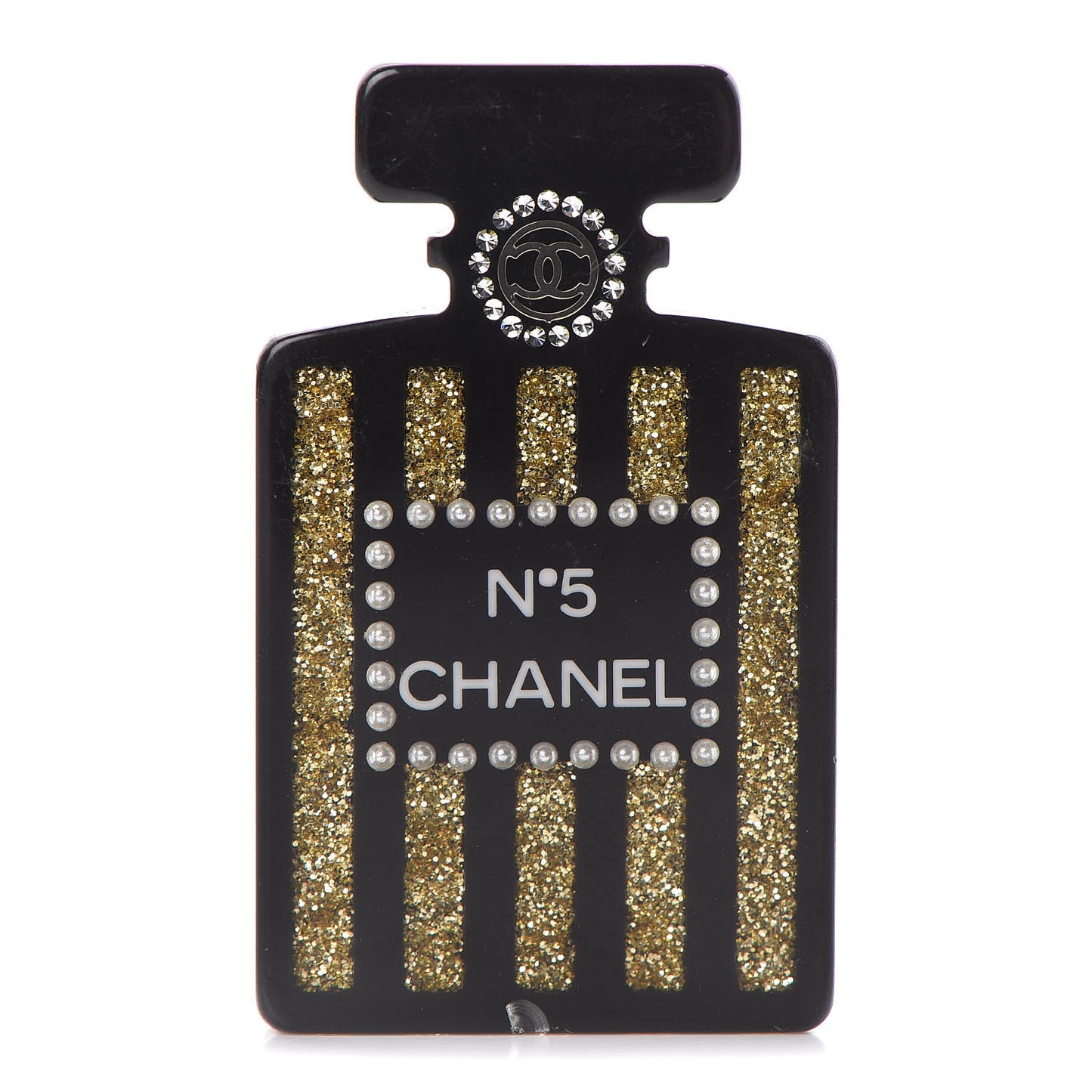 Resin Strass Perfume Bottle CC Brooch Black Gold