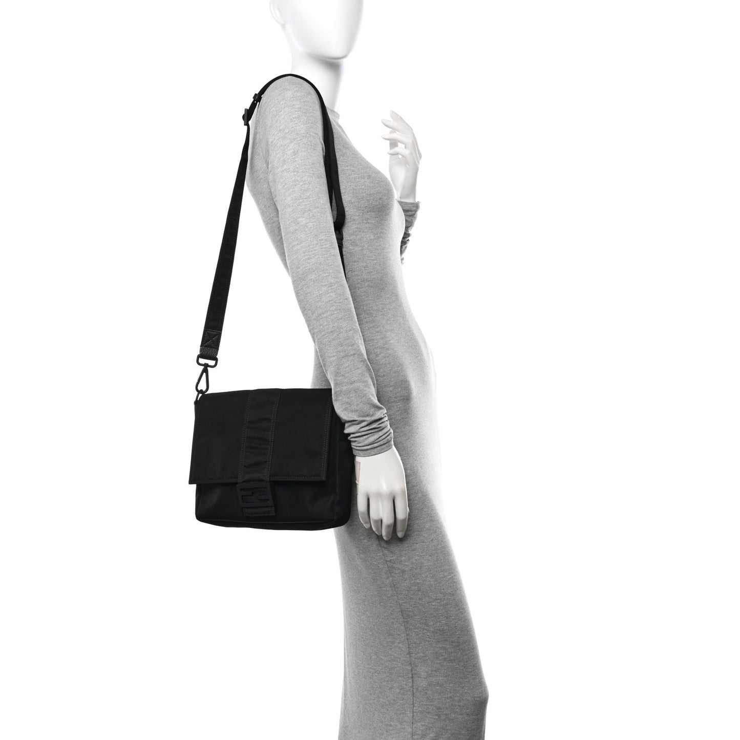 Econyl Nylon Cuoio Romano Monochrome Medium Baguette Messenger Bag Black