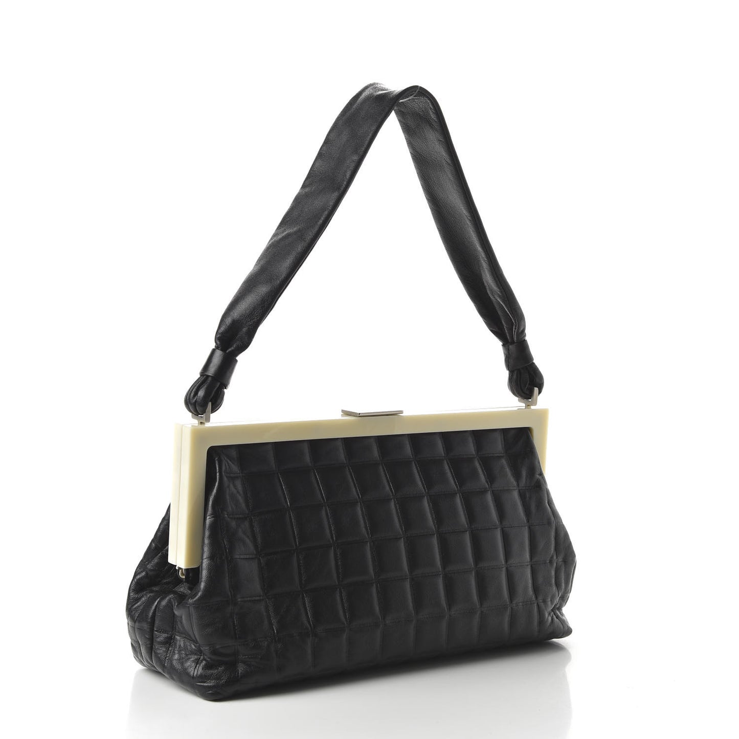 Lambskin Chocolate Bar Quilted Frame Shoulder Bag Black