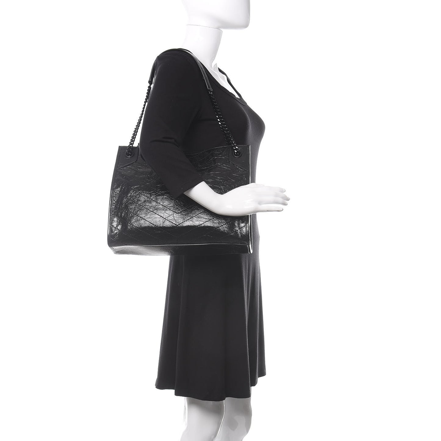 Crinkled Calfskin Matelasse Monogram Large Niki Shopper Tote Black