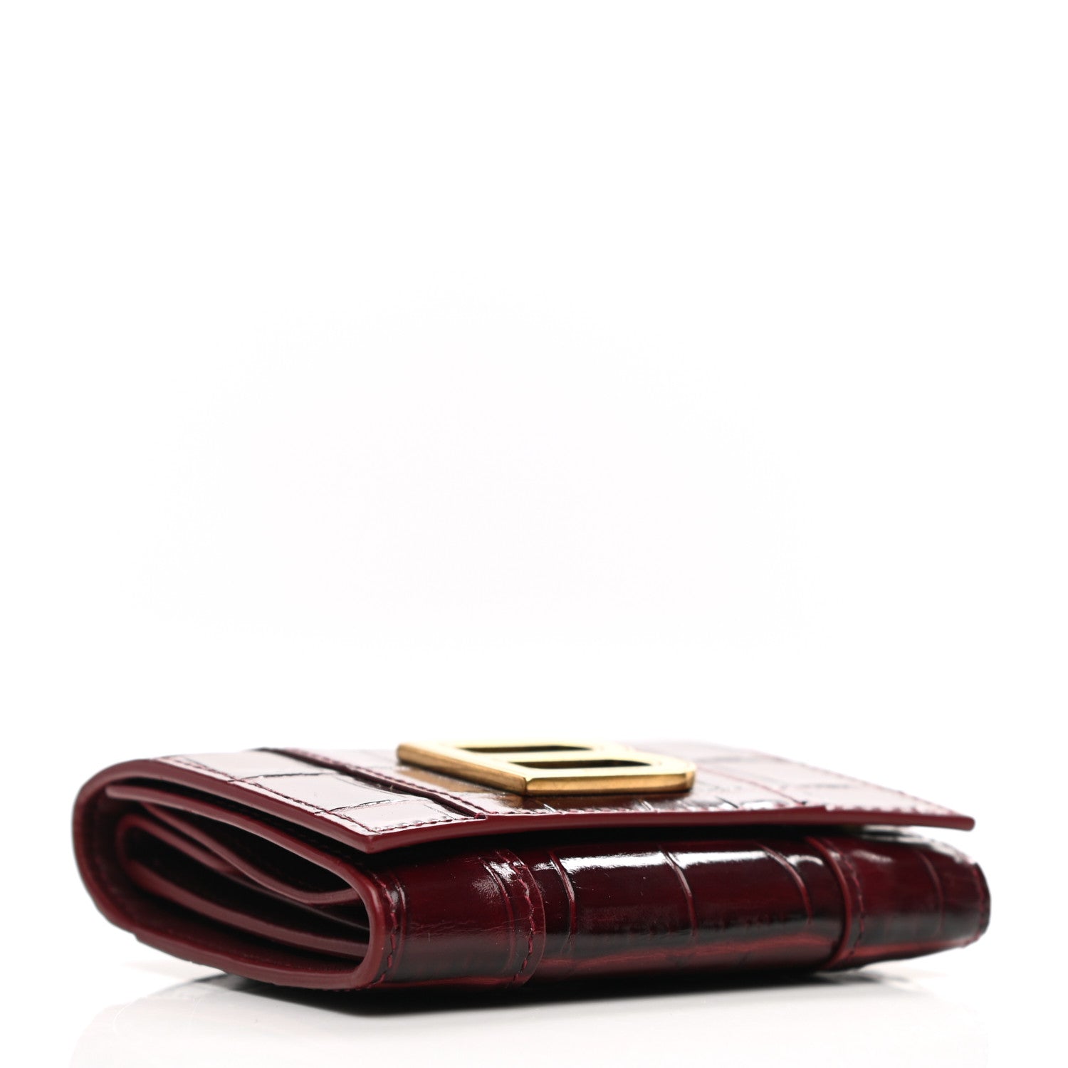 Balenciaga Shiny Calfskin Crocodile Embossed Hourglass Compact Wallet Dark Red 4 of 7