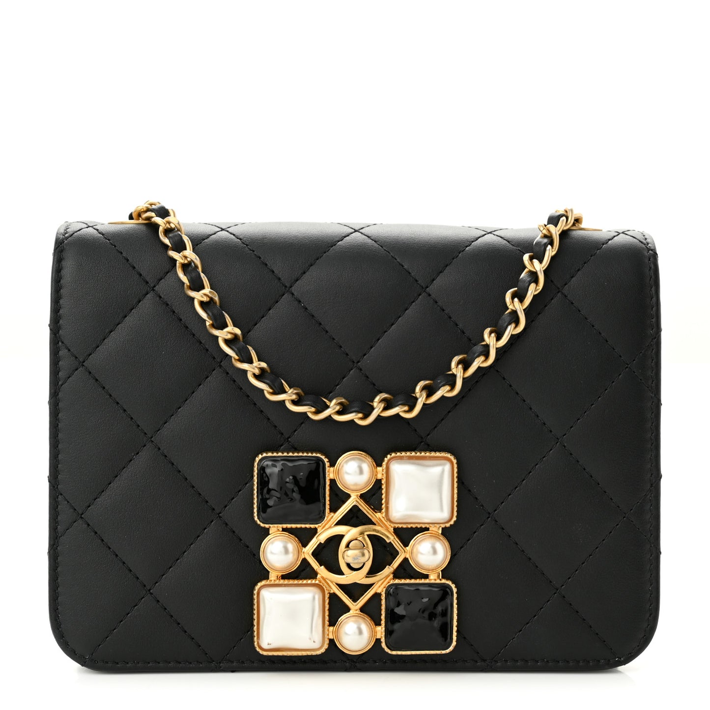 Calfskin Quilted Crystal Pearl Small Flap Bag Black