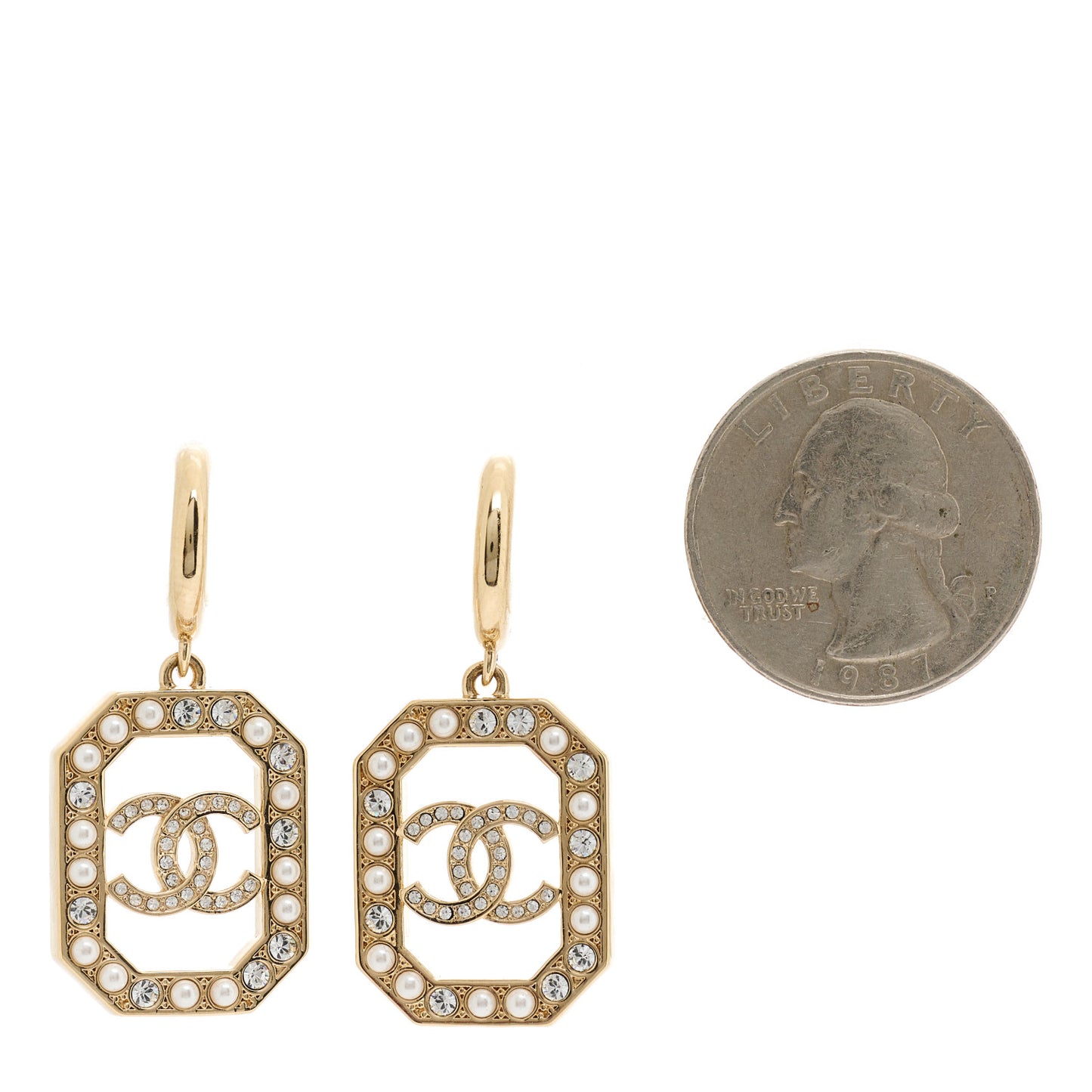 Crystal Pearl CC Geometric Drop Earrings Gold