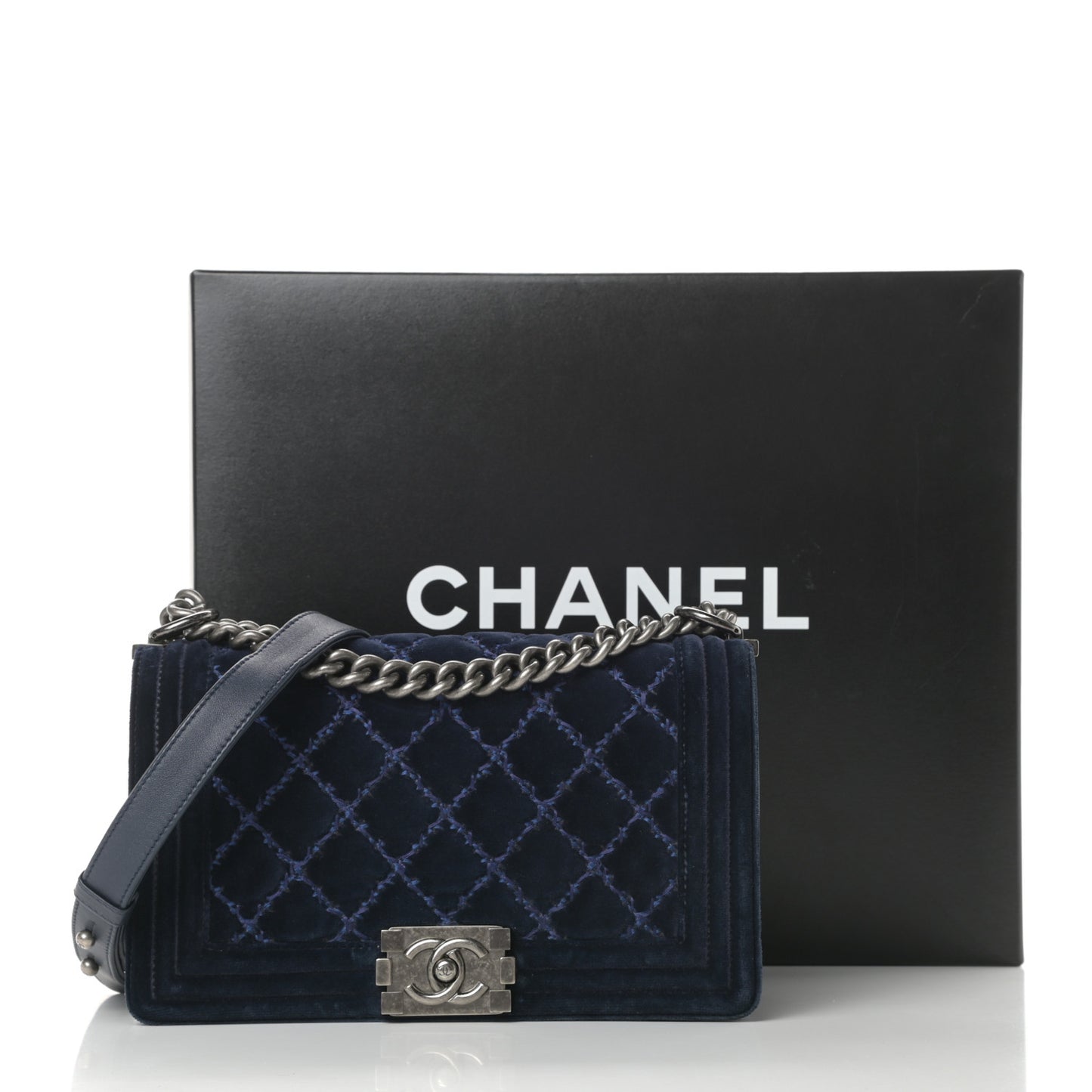 Velvet Tweed Quilted Medium Boy Flap Dark Navy Blue