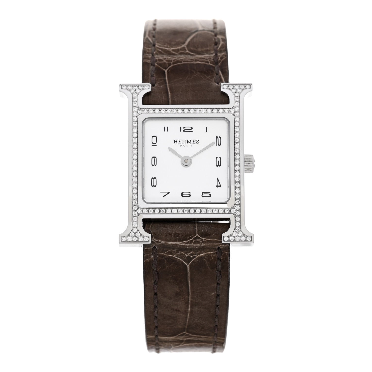 Hermes Stainless Steel Alligator Diamond Bezel Mother of Pearl 21mm Heure H Hour Quartz Watch Gris Elephant 1 of 5