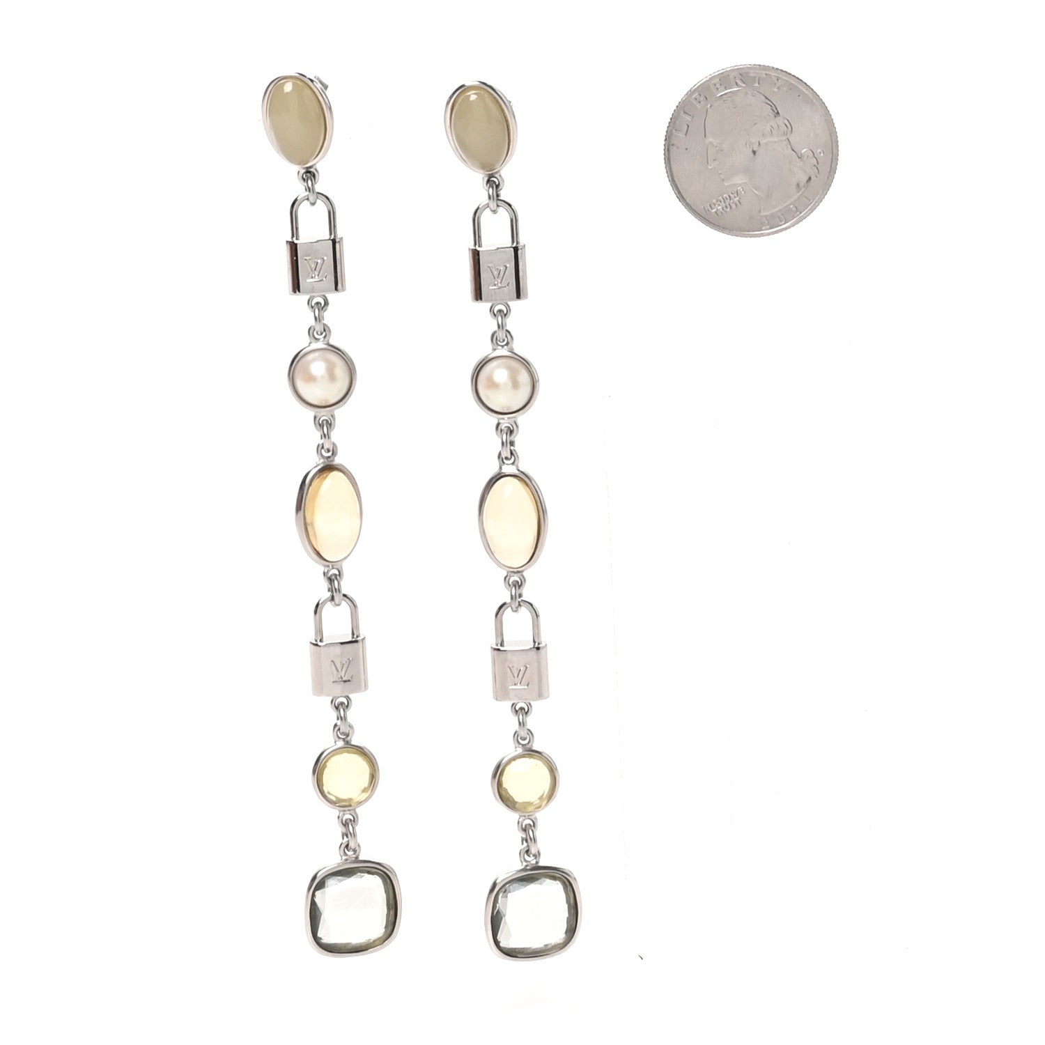 Louis Vuitton Metal Resin Pearl Lock Drop Earrings Silver 2 of 5