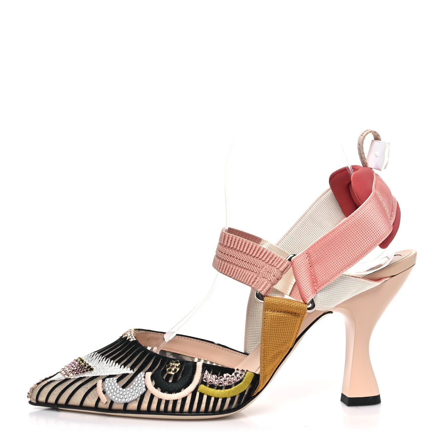 Fendi Velvet Mesh Colibri Crystal FF Sporty 85mm Slingback Pumps 38 Silver Pink Green 1 of 8