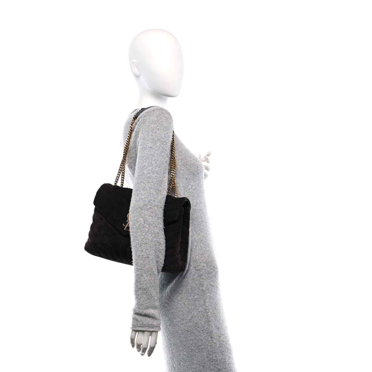 Saint Laurent Suede Calfskin Y Quilted Monogram Medium Loulou Chain Satchel Deep Marine 2 of 12