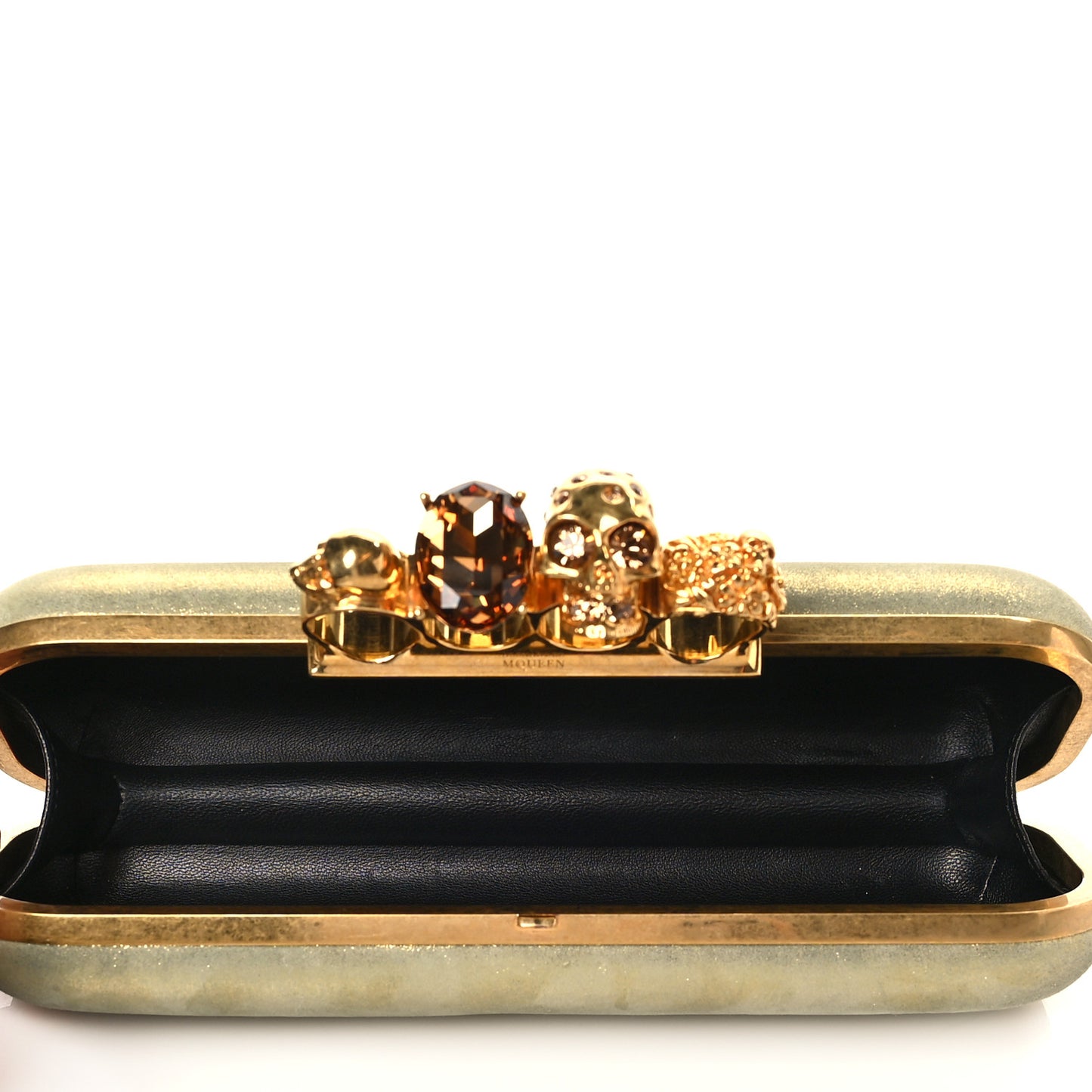 Metallic Lambskin Skull Knuckle Box Clutch Gold